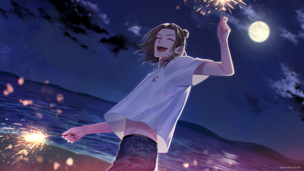Anime picture 1500x845 with original kurayoshi samu (sum) single short hair open mouth smile brown hair wide image standing holding signed cloud (clouds) outdoors eyes closed arm up wind night wide sleeves short sleeves midriff