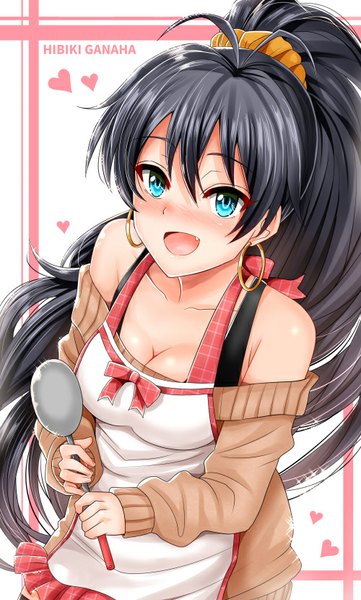 Anime picture 500x829 with idolmaster ganaha hibiki inu (marukome) single tall image fringe breasts blue eyes black hair simple background smile ahoge ponytail very long hair teeth fang (fangs) girl earrings apron