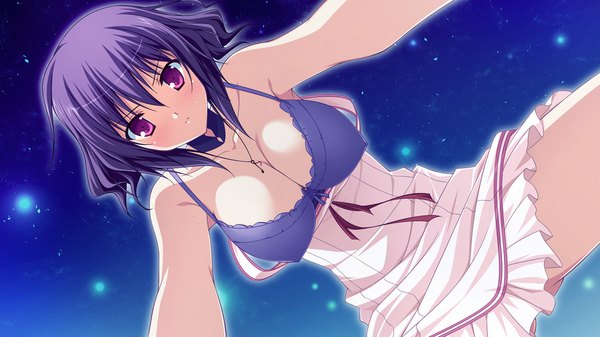 Anime picture 1280x720 with fortissimo//akkord:bsusvier (game) ooba kagerou short hair breasts light erotic wide image large breasts purple eyes game cg purple hair girl dress