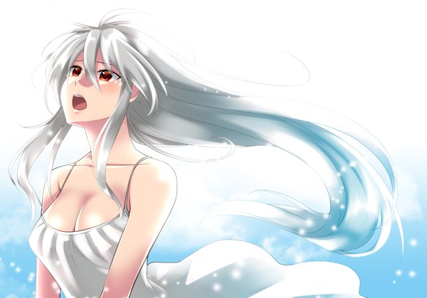Anime picture 2072x1450 with vocaloid yowane haku caffein single long hair highres open mouth red eyes bare shoulders cleavage silver hair shiny skin looking up crying shiny weightlessness girl dress white dress sundress