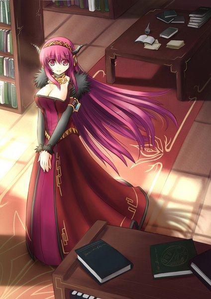 Anime picture 800x1131 with maoyuu maou yuusha vocaloid arms corporation megurine luka maou (maoyuu) srwsrx (gp03dsrx) single long hair tall image looking at viewer fringe breasts light erotic smile hair between eyes large breasts standing payot pink hair cleavage