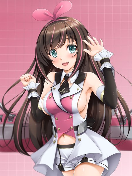 Anime picture 1500x2000 with virtual youtuber a.i. channel kizuna ai toranoo single long hair tall image looking at viewer blush fringe breasts open mouth light erotic simple background smile hair between eyes brown hair large breasts standing bare shoulders