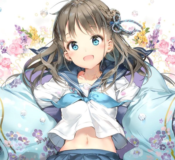 Anime picture 979x895 with original anmi single long hair looking at viewer blush fringe open mouth blue eyes brown hair white background upper body ahoge blunt bangs braid (braids) :d pleated skirt bare belly single braid floral print