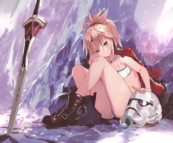 Anime picture 1200x993 with fate (series) fate/grand order fate/apocrypha star wars mordred (fate) stormtrooper tokopi single looking at viewer blush fringe short hair light erotic blonde hair smile hair between eyes sitting bare shoulders green eyes full body