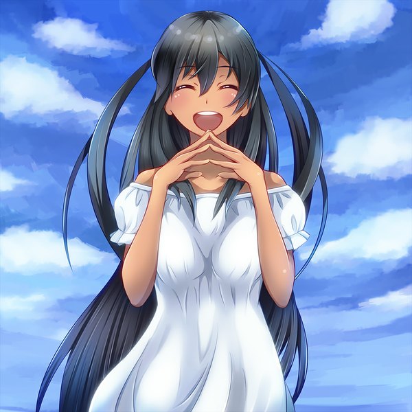 Anime picture 1000x1000 with captain earth studio bones mutou hana n-plus single long hair blush open mouth black hair smile bare shoulders sky cloud (clouds) eyes closed dark skin ^ ^ ^o^ fingers together girl dress