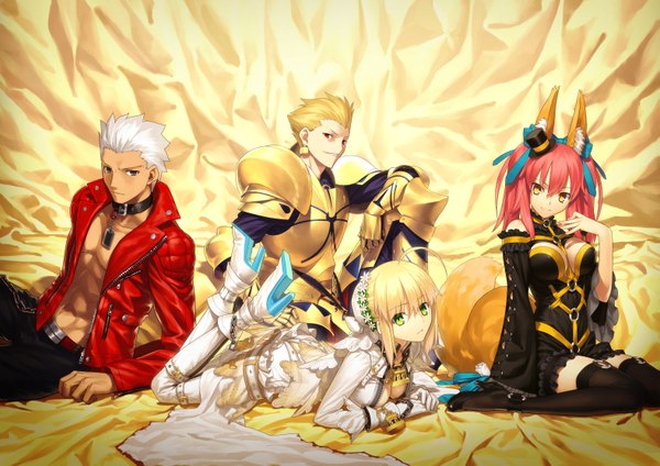 Anime picture 3150x2228 with fate (series) fate/stay night fate/extra fate/extra ccc studio deen type-moon nero claudius (fate) (all) tamamo (fate) (all) nero claudius (fate) tamamo no mae (fate) gilgamesh (fate) archer (fate) nero claudius (bride) (fate) takeuchi takashi long hair looking at viewer highres short hair blonde hair red eyes