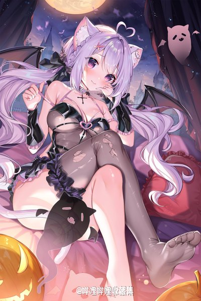 Anime picture 2422x3631 with original shanguier single long hair tall image looking at viewer blush fringe highres light erotic sitting purple eyes twintails bare shoulders animal ears payot purple hair ahoge tail braid (braids)