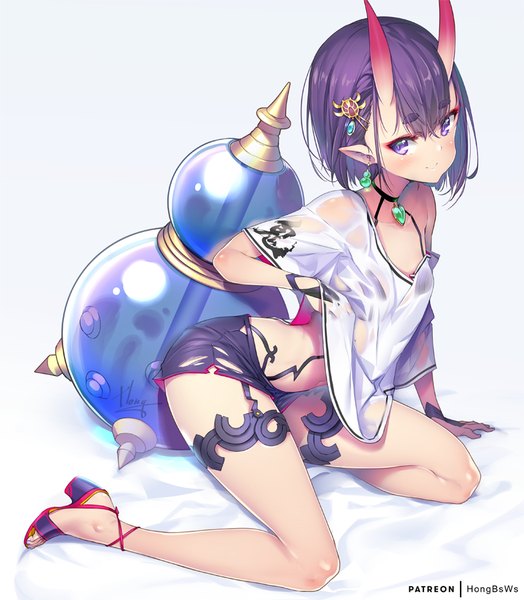 Anime picture 786x900 with fate (series) fate/grand order shuten douji (fate) hong (white spider) single tall image looking at viewer blush fringe short hair light erotic smile hair between eyes purple eyes signed purple hair full body horn (horns) pointy ears kneeling