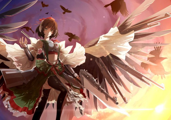 Anime picture 3000x2121 with touhou shameimaru aya igneous25 single looking at viewer highres short hair black hair brown eyes girl thighhighs dress weapon black thighhighs hat animal wings bird (birds) gun crow