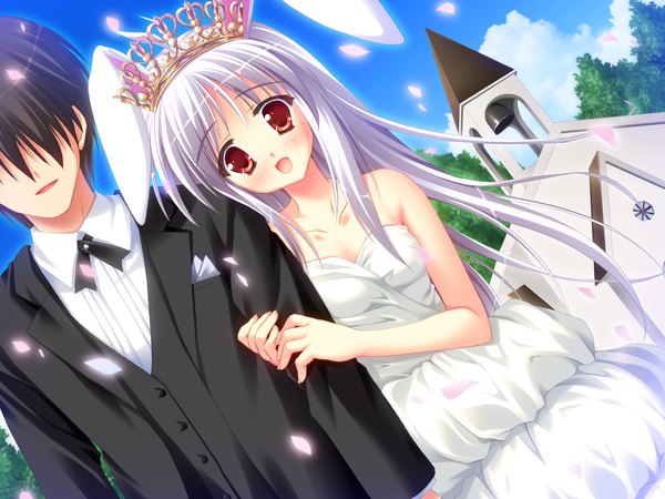 Anime picture 1600x1200 with yumemiru tsuki no lunalutia lunar la lapan hinamatsuri touko long hair blush open mouth red eyes game cg white hair loli bunny ears couple girl dress boy wedding dress