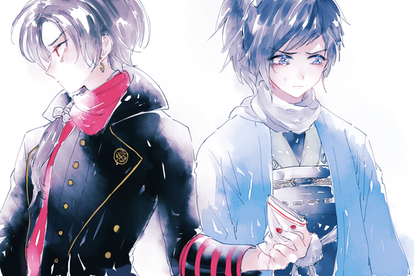 Anime picture 1500x1000 with touken ranbu nitroplus kashuu kiyomitsu yamato no kami yasusada ahma long hair blue eyes black hair simple background red eyes white background holding looking away ponytail nail polish traditional clothes japanese clothes profile multiple boys hand on hip