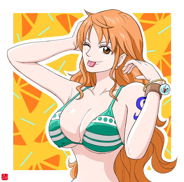 Anime picture 2504x2480 with one piece toei animation nami (one piece) chris re5 single long hair looking at viewer fringe highres breasts light erotic smile large breasts bare shoulders brown eyes signed cleavage upper body one eye closed wink
