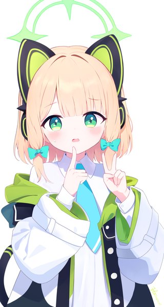 Anime picture 1447x2713 with blue archive midori (blue archive) zcx single tall image looking at viewer blush fringe short hair simple background blonde hair white background green eyes upper body blunt bangs loli finger to mouth victory tress ribbon girl