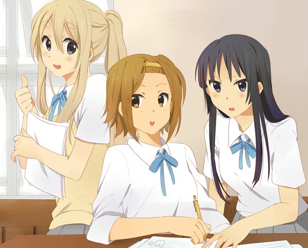 Anime picture 1080x870 with k-on! kyoto animation akiyama mio kotobuki tsumugi tainaka ritsu black hair blonde hair brown hair multiple girls girl serafuku 3 girls