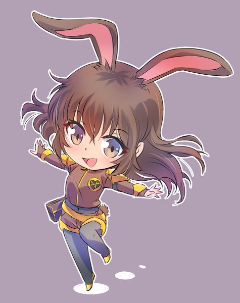 Anime picture 1902x2400 with rwby rooster teeth velvet scarlatina iesupa single long hair tall image highres open mouth simple background brown hair brown eyes animal ears tail :d animal tail grey background bunny ears bunny girl chibi