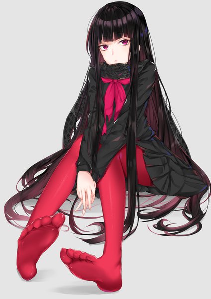 Anime picture 1158x1637 with fate (series) fate/grand order koha-ace oryou (fate) coffeedog single tall image looking at viewer fringe black hair simple background sitting payot full body blunt bangs very long hair parted lips pink eyes grey background thighs