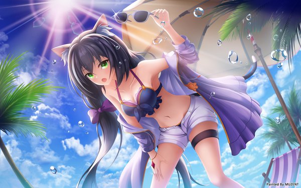 Anime picture 8000x5000 with princess connect! re:dive princess connect! karyl (princess connect!) muzent single long hair fringe highres breasts open mouth light erotic black hair hair between eyes standing holding green eyes absurdres sky cloud (clouds) outdoors