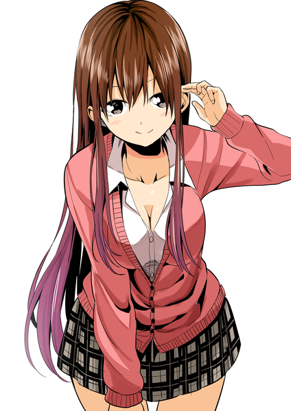 Anime picture 3035x4299 with original nishigori atsushi single long hair tall image looking at viewer blush fringe highres breasts light erotic simple background smile hair between eyes brown hair large breasts standing white background absurdres cleavage