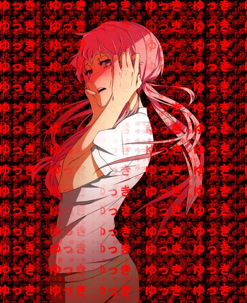 Anime picture 1161x1422 with mirai nikki gasai yuno revolmxd single long hair tall image blush fringe open mouth standing twintails pink hair profile pink eyes shaded face hand on face yandere yandere trance girl skirt