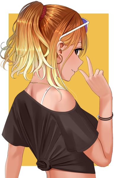 Anime picture 1000x1464 with idolmaster idolmaster shiny colors izumi mei turisasu single tall image looking at viewer short hair simple background blonde hair smile brown hair brown eyes upper body parted lips looking back multicolored hair from behind off shoulder short sleeves