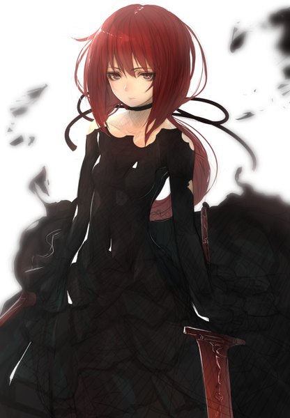 Anime picture 4672x6732 with original savan single long hair tall image looking at viewer fringe highres simple background red eyes white background holding brown eyes absurdres blurry torn clothes expressionless dual wielding girl dress