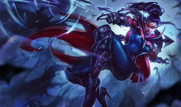 Anime picture 1215x717 with league of legends vayne (league of legends) single long hair wide image purple hair braid (braids) official art single braid girl gloves weapon animal glasses bodysuit bat crossbow