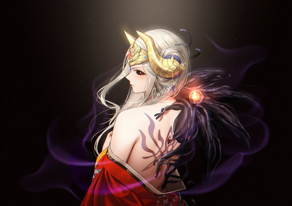 Anime picture 1684x1191 with fire emblem fire emblem: three houses nintendo edelgard von hresvelg hegemon edelgard shizuko hideyoshi single long hair looking at viewer blush fringe light erotic simple background red eyes bare shoulders signed silver hair profile looking back horn (horns)
