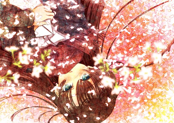 Anime picture 2480x1756 with original furai (furai127) long hair blush highres blue eyes brown hair girl flower (flowers) petals scarf letter