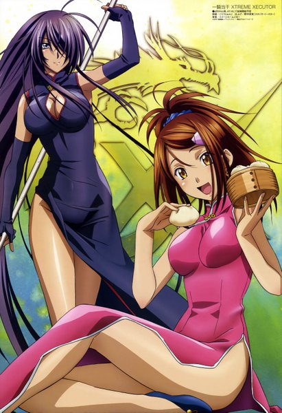 Anime picture 4075x5937 with ikkitousen megami magazine kanu unchou bachou mouki tagme (artist) tall image highres light erotic brown hair multiple girls absurdres purple hair official art chinese clothes girl weapon 2 girls food chinese dress