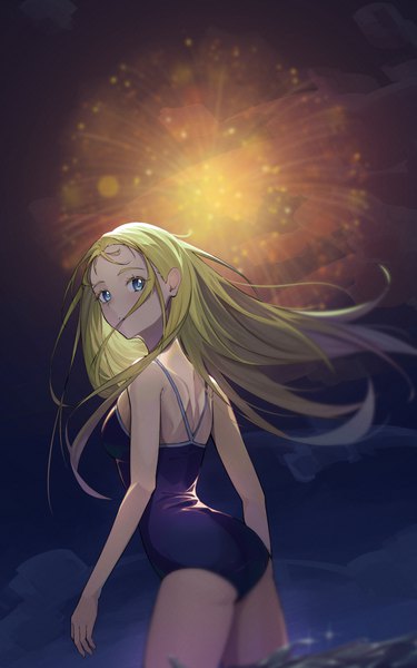 Anime picture 2286x3656 with summertime render kofune ushio suzu (user kdex8732) single long hair tall image highres blue eyes light erotic blonde hair standing looking away ass partially submerged arched back fireworks girl swimsuit one-piece swimsuit school swimsuit