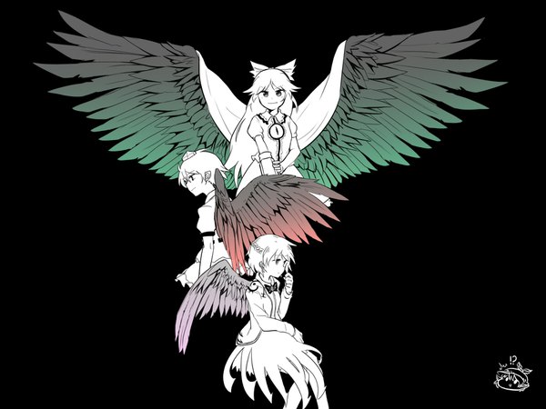 Anime picture 1800x1350 with touhou shameimaru aya reiuji utsuho mystia lorelei kishin sagume sisikuku long hair looking at viewer fringe highres short hair simple background smile hair between eyes multiple girls looking away braid (braids) short sleeves puffy sleeves black background