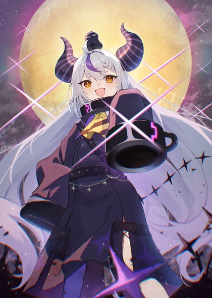 Anime picture 714x1000 with virtual youtuber hololive la+ darknesss la+ darknesss (1st costume) crow (la+ darknesss) zakkuri single tall image fringe open mouth hair between eyes yellow eyes silver hair ahoge tail long sleeves very long hair :d multicolored hair horn (horns)