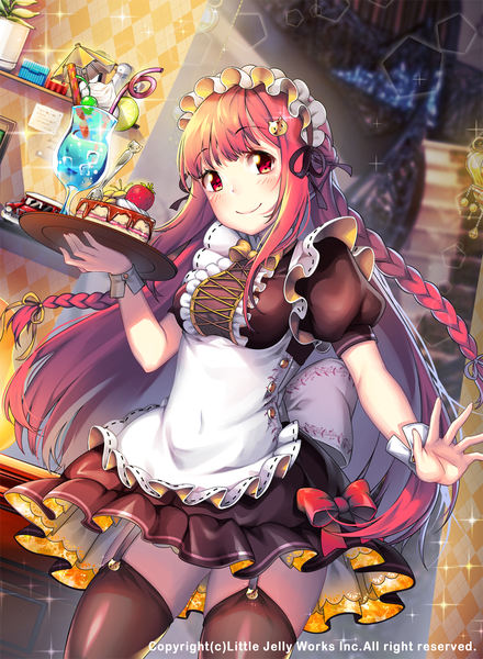 Anime picture 880x1200 with original kashi kosugi single long hair tall image looking at viewer blush smile red eyes holding red hair braid (braids) sparkle puffy sleeves twin braids lacing waitress girl thighhighs bow