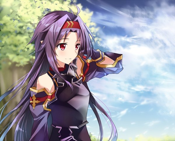 Anime picture 982x796 with sword art online a-1 pictures yuuki (sao) tsuedzu long hair blush breasts smile red eyes bare shoulders payot looking away sky purple hair cloud (clouds) upper body ahoge light smile pointy ears sunlight