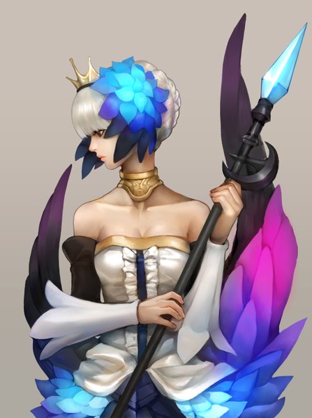 Anime picture 2199x2953 with odin sphere vanillaware gwendolyn gd choco single tall image highres short hair simple background white hair profile grey background girl hair ornament weapon detached sleeves wings jewelry feather (feathers) crown