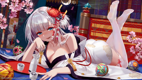 Anime picture 1920x1080 with azur lane shoukaku (azur lane) zjsstc single long hair looking at viewer blush fringe highres breasts open mouth blue eyes light erotic smile wide image large breasts cleavage silver hair full body ass