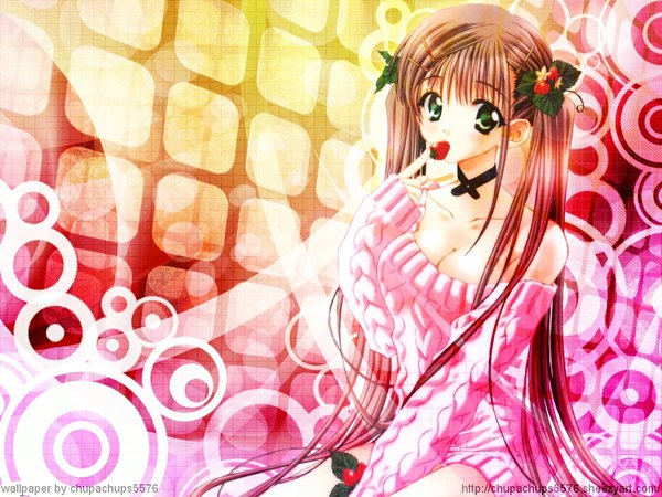 Anime picture 1024x768 with carnelian cleavage pink background food berry (berries) strawberry