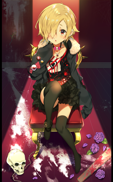 Anime picture 588x943 with idolmaster idolmaster cinderella girls shirasaka koume harunoibuki single tall image looking at viewer blush fringe short hair open mouth blonde hair red eyes sitting signed full body bent knee (knees) indoors hair over one eye open jacket