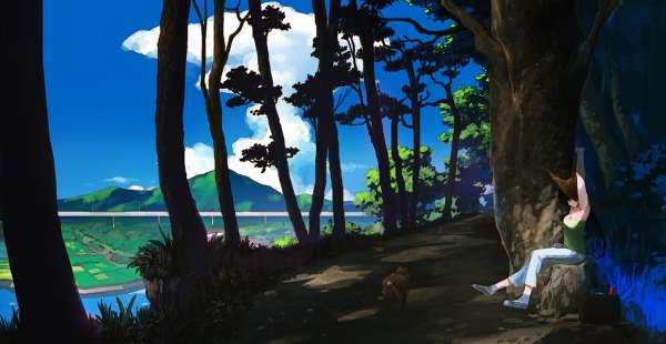 Anime picture 1200x620 with original hirokiku single long hair black hair wide image sitting sky cloud (clouds) eyes closed profile armpit (armpits) mountain arms behind head river girl plant (plants) hat animal tree (trees)