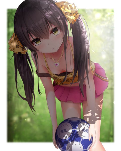 Anime picture 1024x1280 with idolmaster idolmaster cinderella girls matoba risa monaka curl single long hair tall image looking at viewer fringe breasts light erotic black hair hair between eyes twintails yellow eyes sparkle shadow leaning leaning forward border