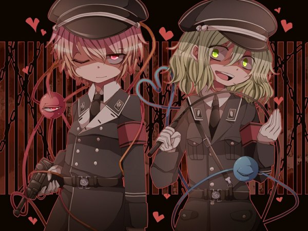 Anime picture 1152x864 with touhou komeiji koishi komeiji satori blonde hair multiple girls yellow eyes pink hair pink eyes heart of string girl uniform 2 girls hat heart gun chain military uniform