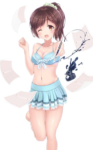 Anime picture 808x1300 with original alc (ex2 lv) single long hair tall image looking at viewer blush open mouth light erotic simple background brown hair white background bare shoulders brown eyes cleavage ponytail one eye closed barefoot wink bare belly