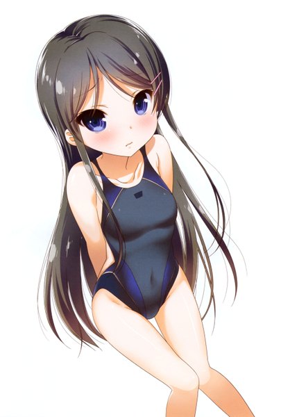 Anime picture 3870x5732 with jinsei endou rino nanase meruchi single long hair tall image blush highres blue eyes light erotic black hair simple background white background absurdres scan official art girl swimsuit bobby pin one-piece swimsuit