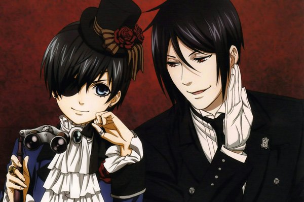 Anime picture 1926x1280 with kuroshitsuji a-1 pictures sebastian michaelis ciel phantomhive looking at viewer highres short hair open mouth blue eyes black hair smile red eyes multiple boys butler boy gloves hat earrings necktie 2 boys