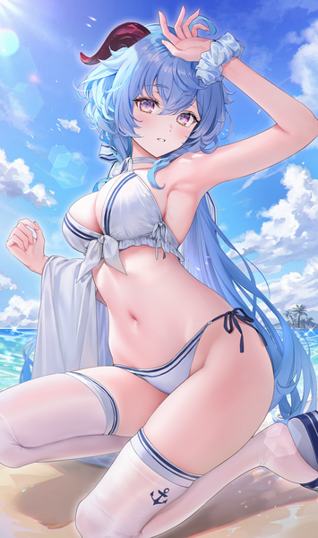 Anime picture 2800x4730 with genshin impact ganyu (genshin impact) rity single long hair tall image looking at viewer blush fringe highres breasts light erotic hair between eyes large breasts blue hair sky cloud (clouds) bent knee (knees) outdoors horn (horns)