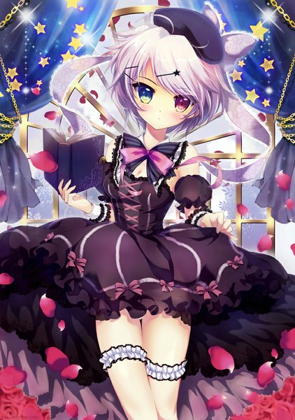 Anime picture 750x1066 with sword girls pecorin single tall image looking at viewer blush short hair white hair sparkle heterochromia girl dress bow hair bow petals frills star (symbol) book (books) beret