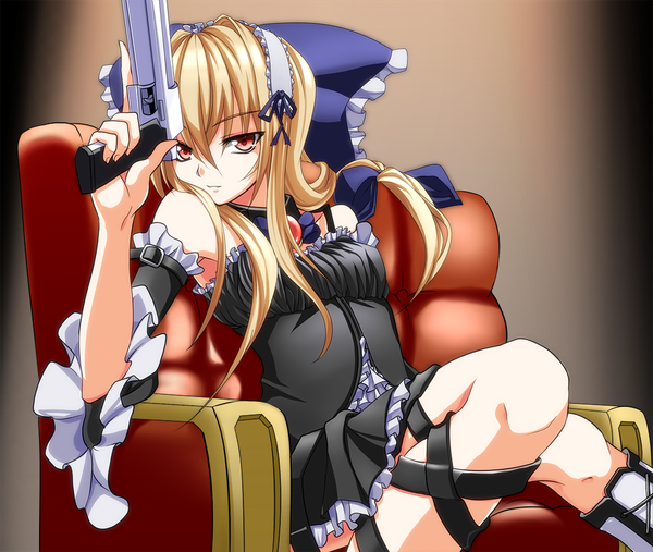 Anime picture 1080x914 with original kamo (yokaze) single long hair blonde hair red eyes girl weapon detached sleeves hairband gun armchair