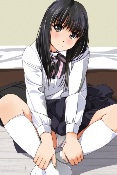 Anime picture 800x1200 with original matsunaga kouyou single long hair tall image looking at viewer blush fringe light erotic black hair sitting head tilt light smile black eyes indian style girl skirt uniform underwear panties