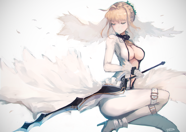 Anime picture 1400x990 with fate (series) fate/extra fate/extra ccc type-moon nero claudius (fate) (all) nero claudius (bride) (fate) rean (r ean) single long hair fringe breasts blue eyes light erotic blonde hair bent knee (knees) light smile bare belly hair bun (hair buns) high heels leg lift (legs lift)