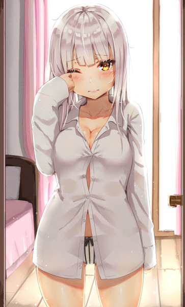 Anime picture 787x1300 with original reinama single long hair tall image looking at viewer blush fringe breasts light erotic large breasts standing yellow eyes cleavage silver hair indoors blunt bangs one eye closed sleeves past wrists partially open clothes